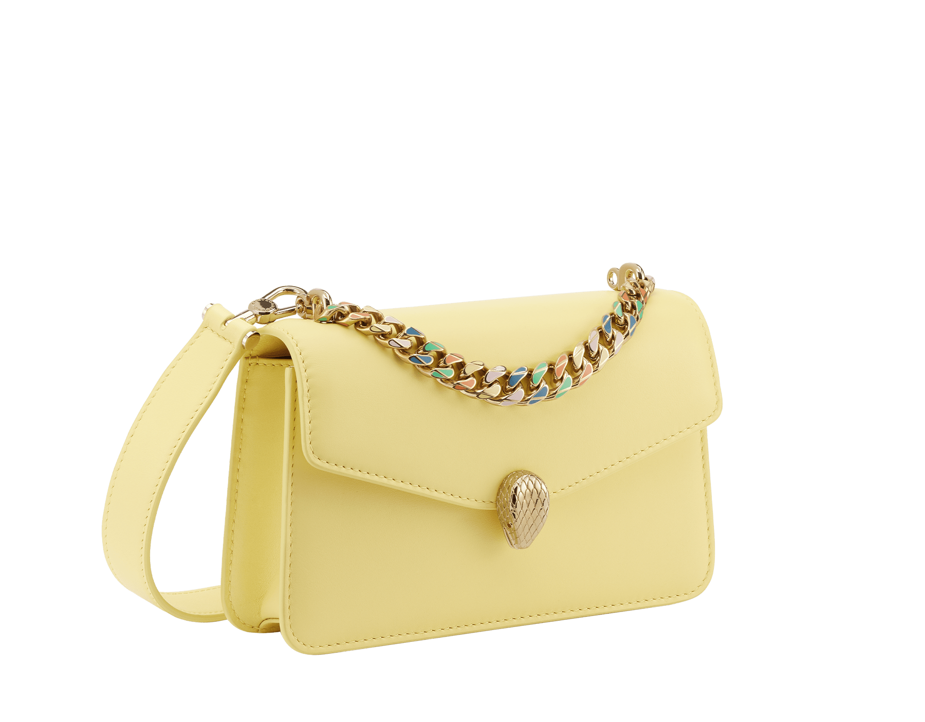 "Serpenti Forever" maxi chain pochette in Blush Quartz pink calf leather and Deep Garnet bordeaux nappa leather. New Serpenti head closure in gold-plated brass, finished with red enamel eyes. SEA-XLCHAINPOUCH image 1