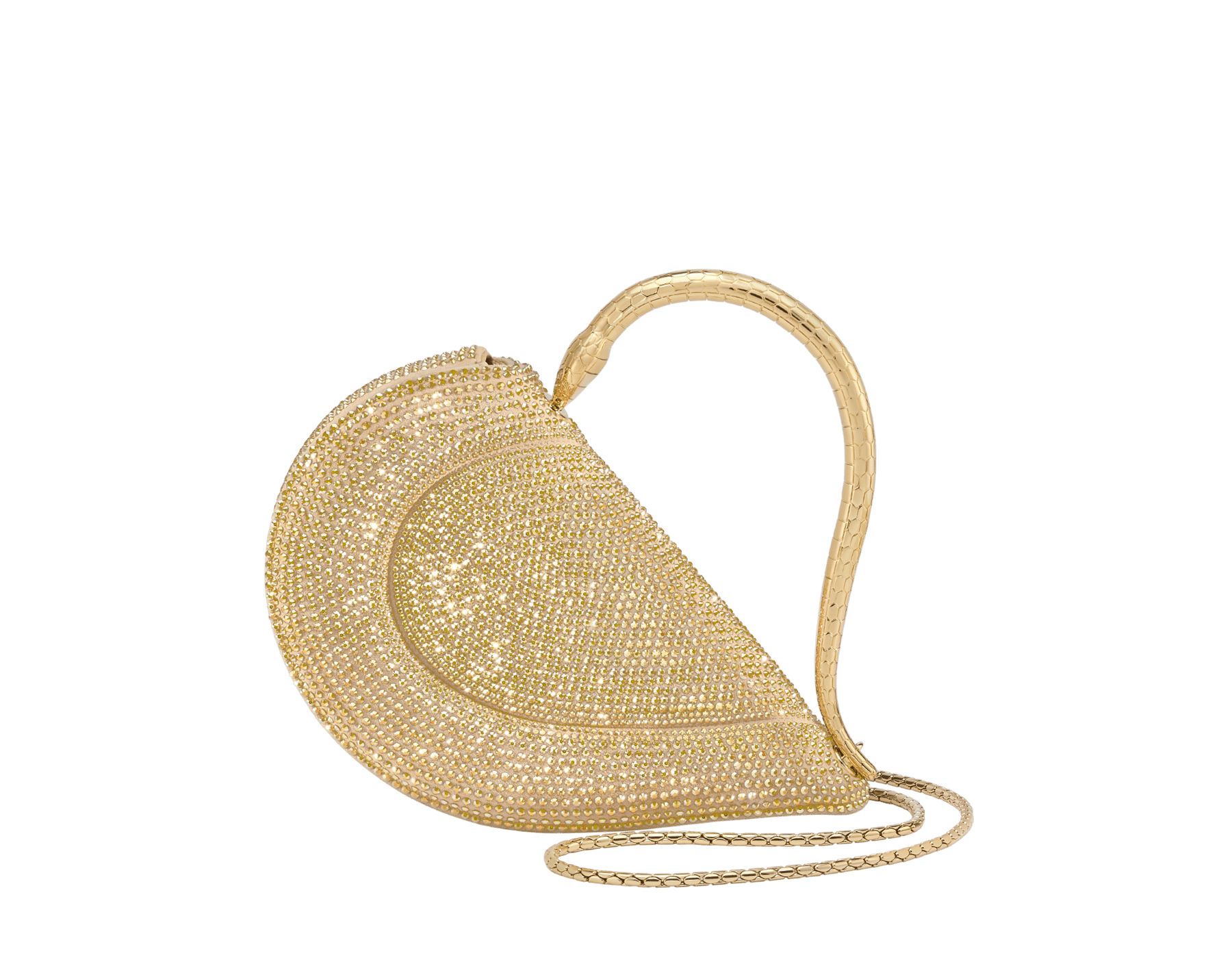 Serpenti Cuore 1968 top handle bag with gold Neige Pavé Crystals applied on a suede base and bright travertino nappa internal lining. Captivating snake body-shaped top handle in gold-plated brass embellished with engraved scales and zirconia eyes; press-button closure. 295310 image 1
