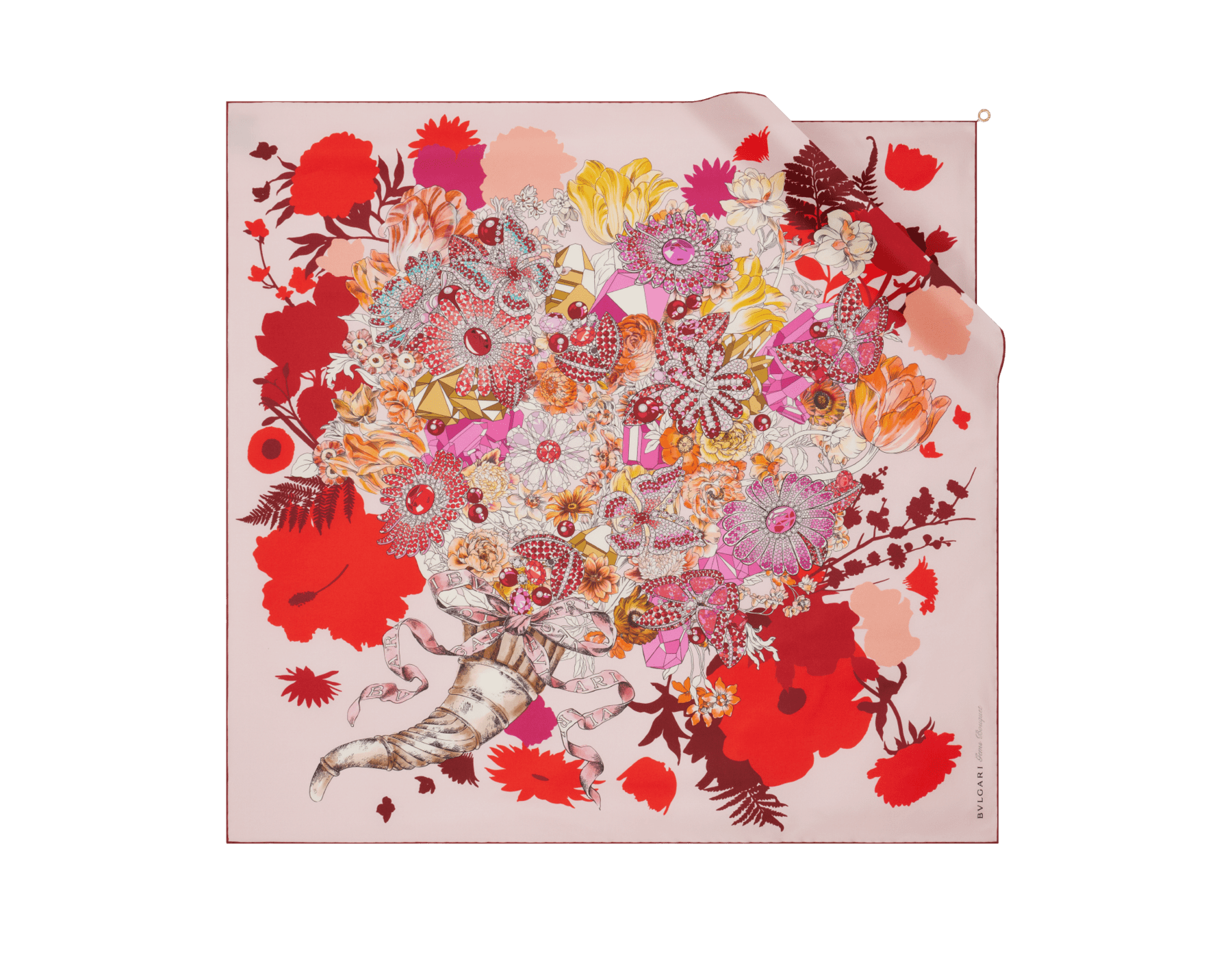 Gems Bouquet scarf in fine light pink silk twill with a Bvlgari Bvlgari metal pendant. Made of 100% silk twill. GEMSBOUQUET-SQ image 1