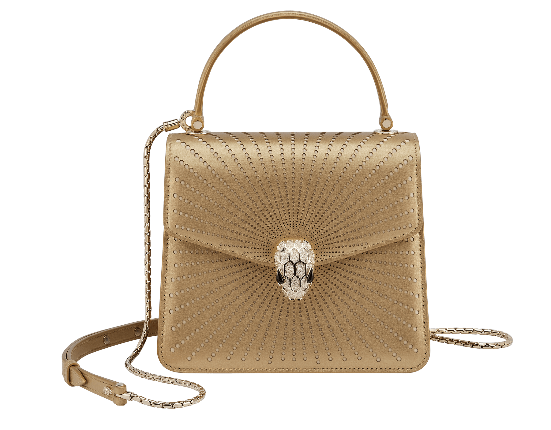 Serpenti Forever top handle bag in ivory opal laser-cut calf leather with caramel topaz beige nappa leather lining. Captivating snakehead closure in light gold-plated brass embellished with matt and shiny ivory opal enamel scales and black onyx eyes. 752-LCL image 1