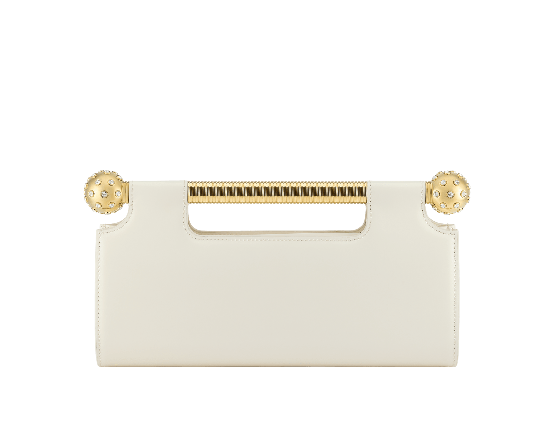 Clutch Tubogas Spheres in vitello bianco perla con fodera in nappa bianco perla. Iconica impugnatura in ottone placcato oro con estremità sferiche adornate da zirconi. Chiusura magnetica. TGC-001-1395S image 1