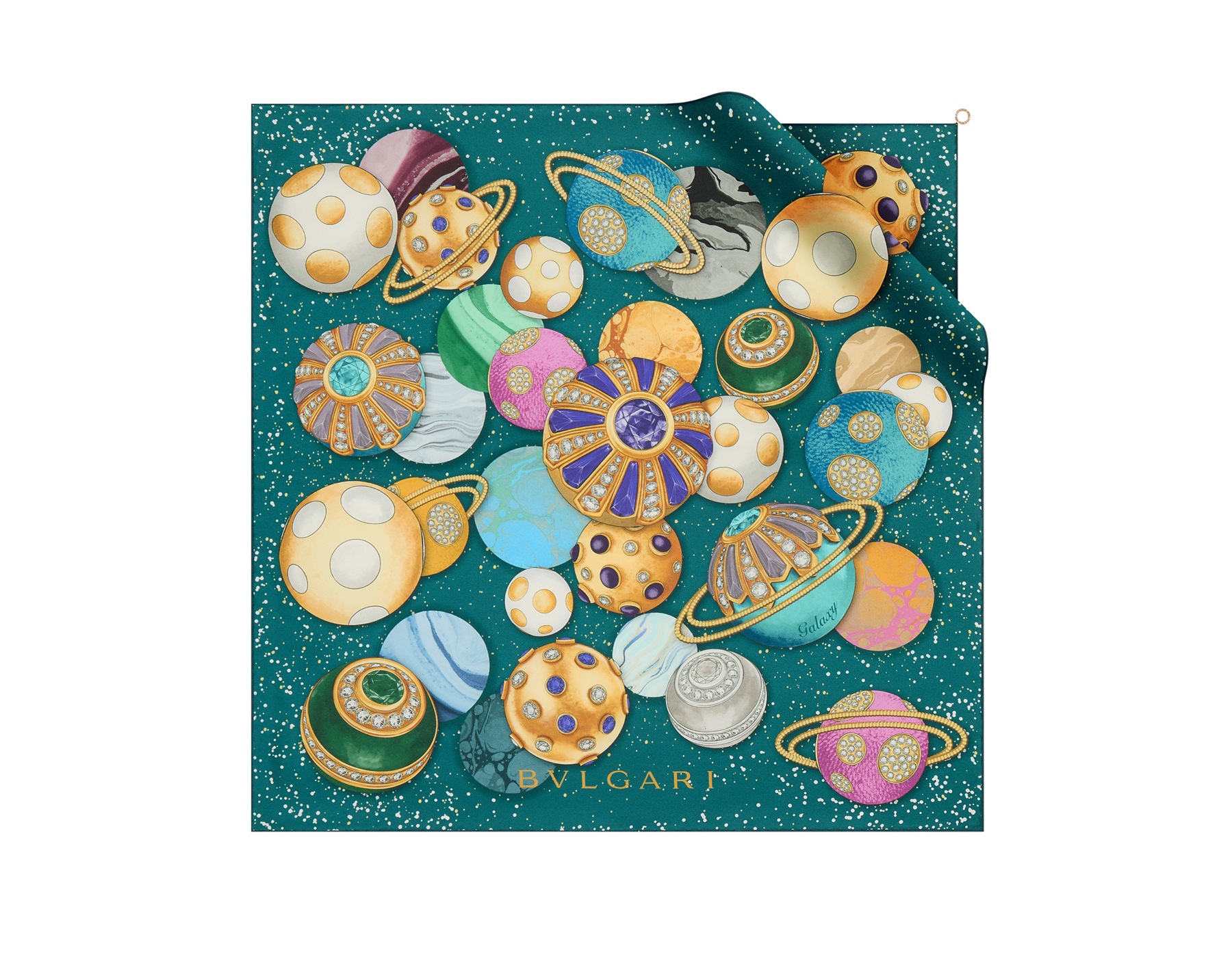 Foulard Galaxy en sergé de soie fine vert sarcelle doté d’un pendentif en métal BVLGARI BVLGARI. Modèle confectionné en 100&nbsp;% soie. 246598 image 1