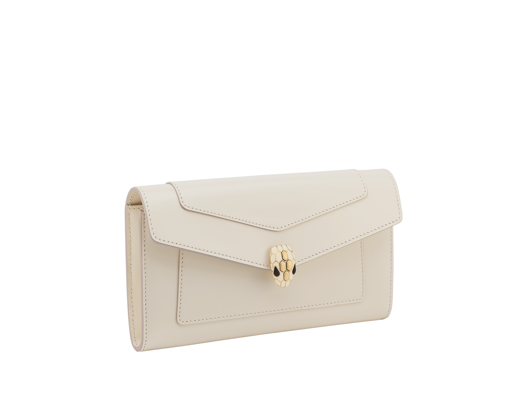 Serpenti Forever large wallet in black calf leather with emerald green nappa leather interior. Captivating snakehead magnetic closure in light gold-plated brass embellished with black enamel and light gold-plated brass scales, and black onyx eyes. SEA-LONG-WLT-R image 1