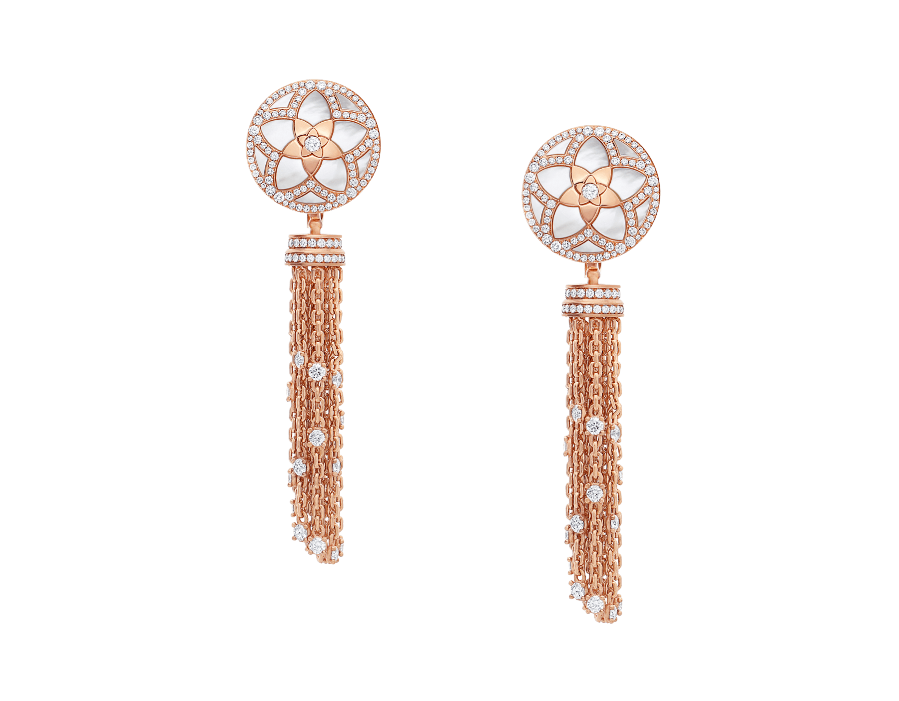 Jannah Flower 18 kt rose gold earrings set with mother-of-pearl inserts and pavé diamonds, and with an 18 kt rose gold and pavé diamond tassel 358488 image 1