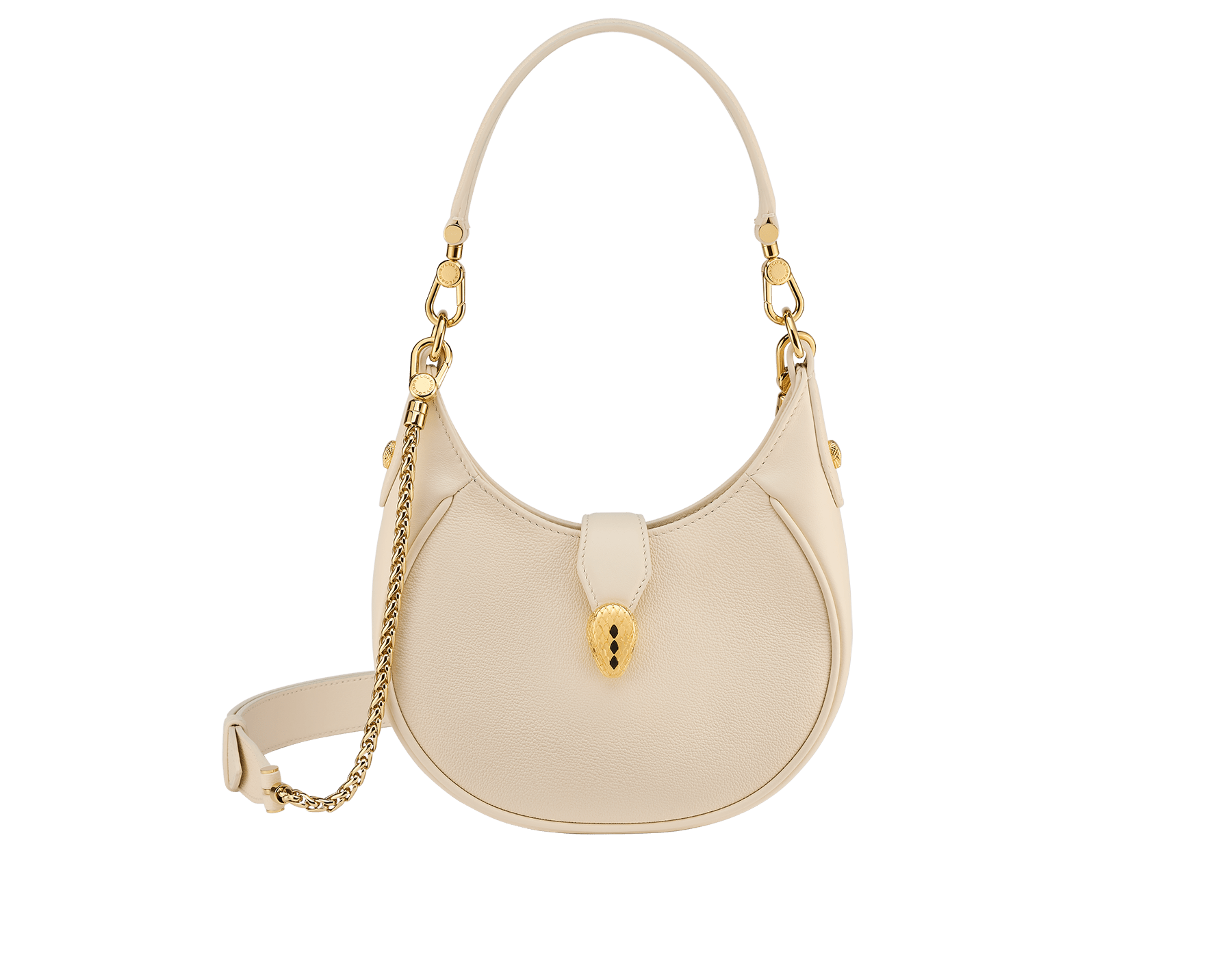 Serpenti Ellipse small crossbody bag in Urban grain and smooth ivory opal calf leather with flamingo quartz pink grosgrain lining. Captivating snakehead closure in gold-plated brass embellished with black onyx scales and red enamel eyes. 1204-UCLa image 1