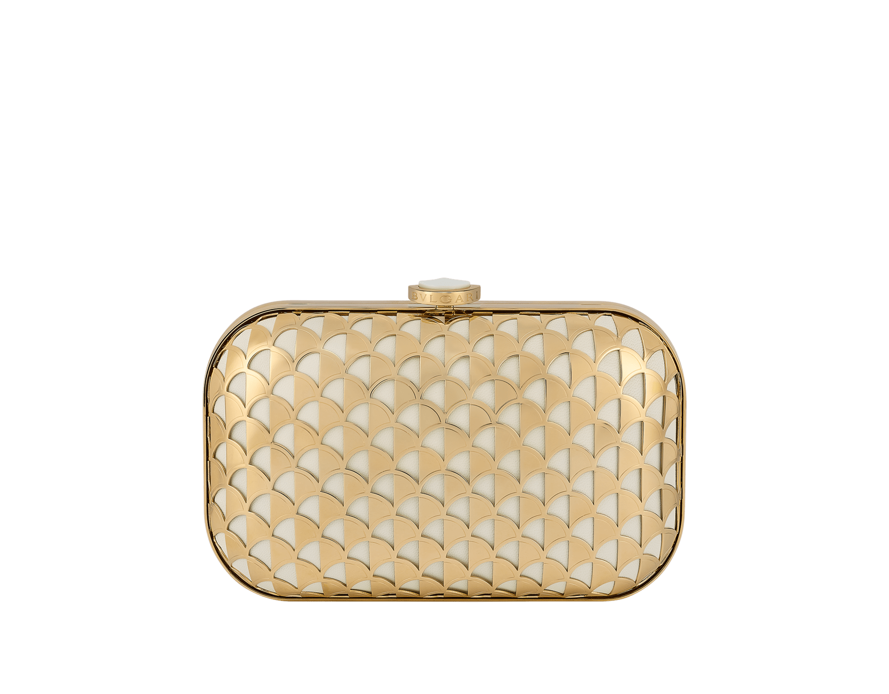 Calla clutch in gold-plated metal with a laser cut Calla motif on black nappa leather lining. Iconic closure embellished with a fan-shaped malachite insert. DAS-001-1317S image 1