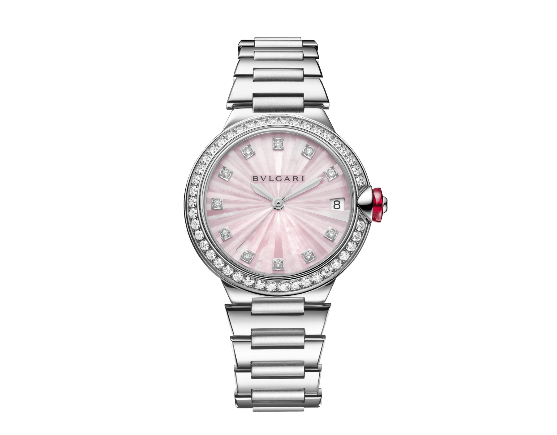 Lvcea Limited Edition Uhr aus poliertem und seidenmattem Edelstahl mit Automatikaufzug, diamantbesetzter Lünette, Zifferblatt mit rosafarbener Perlmutt-Intarsie und 11 Diamantindizes. Wasserdicht bis 50 Meter 104106 image 1