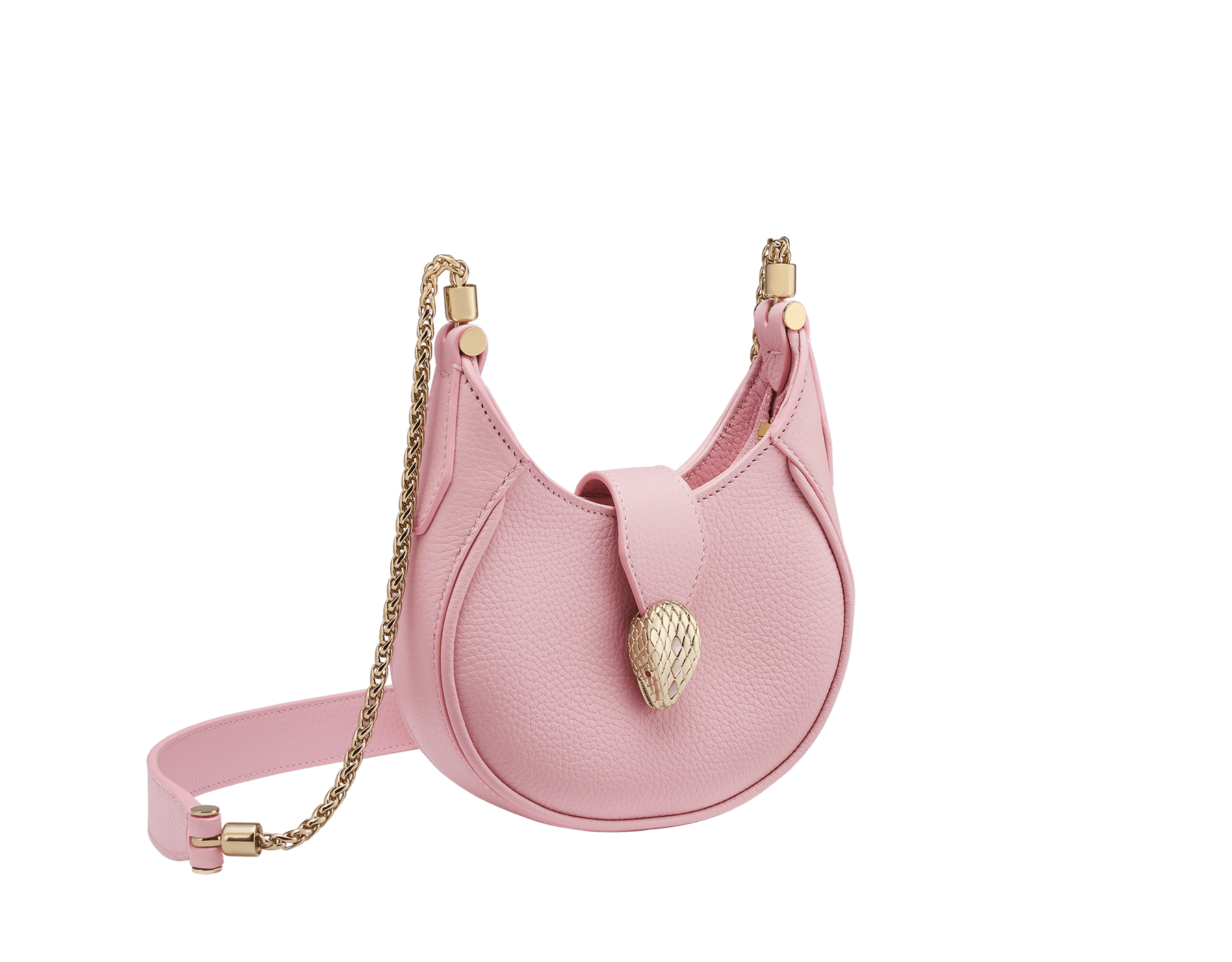 Serpenti Ellipse micro bag in soft, drummed, flash diamond white calf leather with taffy quartz pink grosgrain lining. Captivating snakehead closure in gold-plated brass embellished with mother-of-pearl scales and red enamel eyes, leather tab with magnet, and zippered fastening. SEA-MICROHOBOc image 1