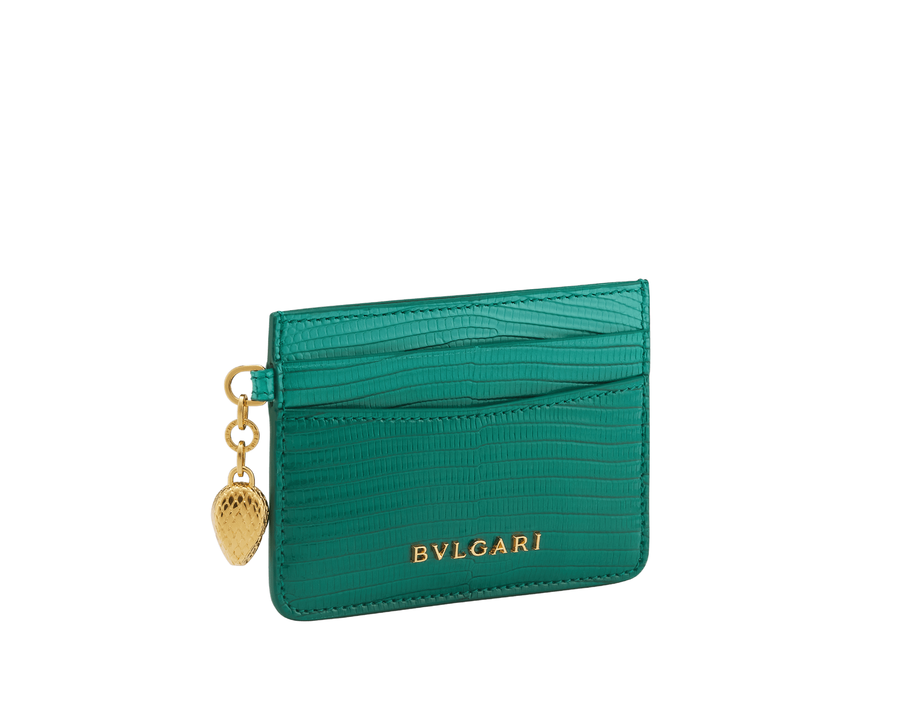 Serpenti Forever card holder in emerald green dégradé lizard skin. Captivating snakehead charm in light gold-plated brass embellished with red enamel eyes. 292601 image 1
