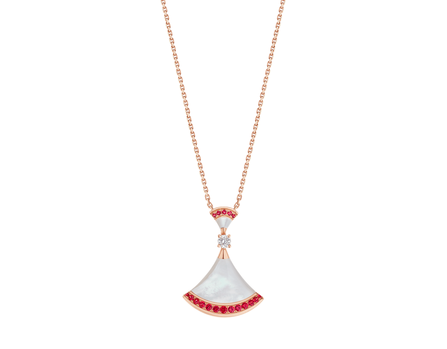 DIVAS' DREAM 18 kt rose gold necklace set with mother of pearl elements, a round brilliant-cut diamond and pavé rubies. 358122 image 1