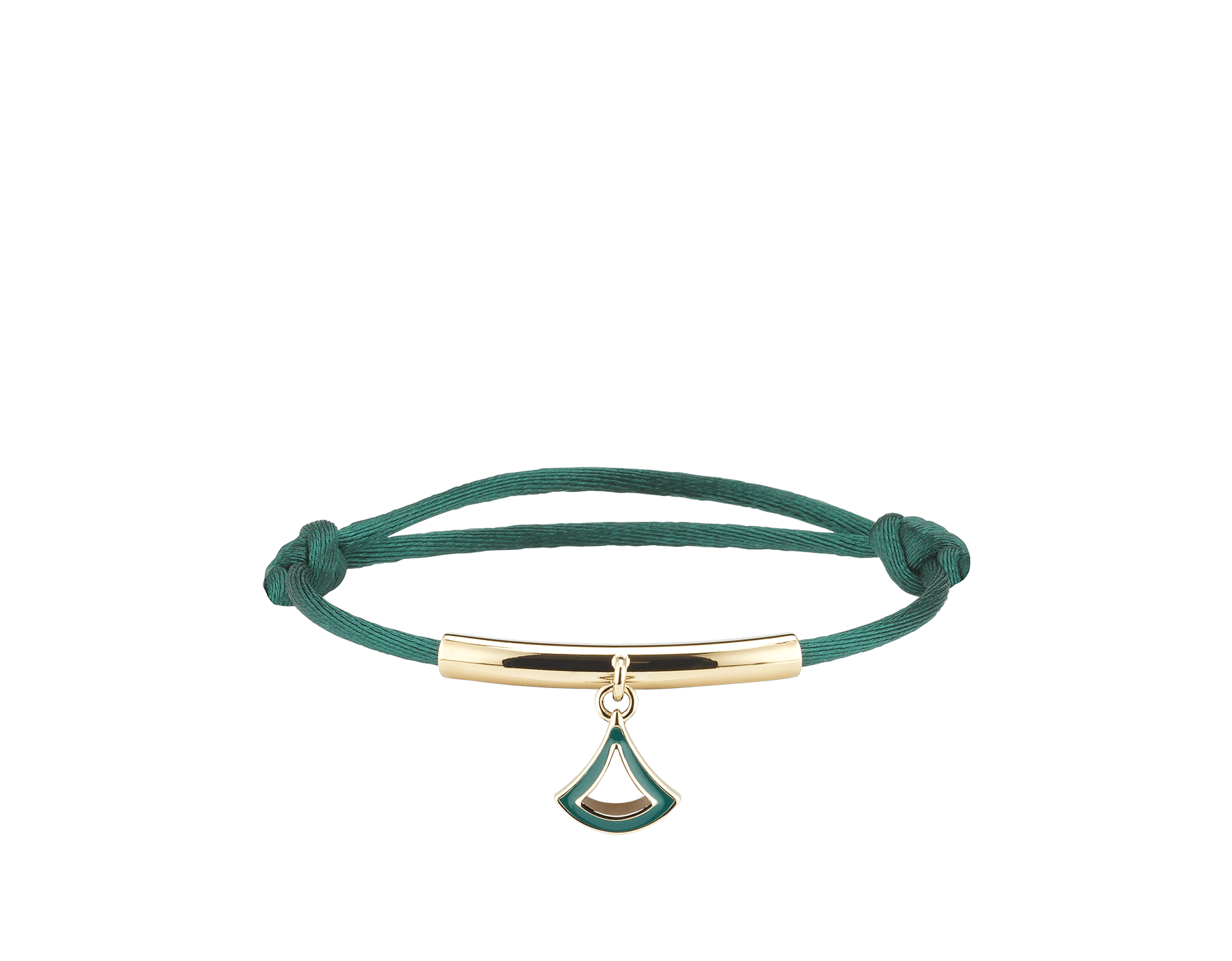 Divas’ Dream Armband aus smaragdgrünem Stoff. Röhrenförmiges Element aus hell vergoldetem Messing und edler Anhänger mit smaragdgrüner Emaille. DIVAMINISTRINGb image 1