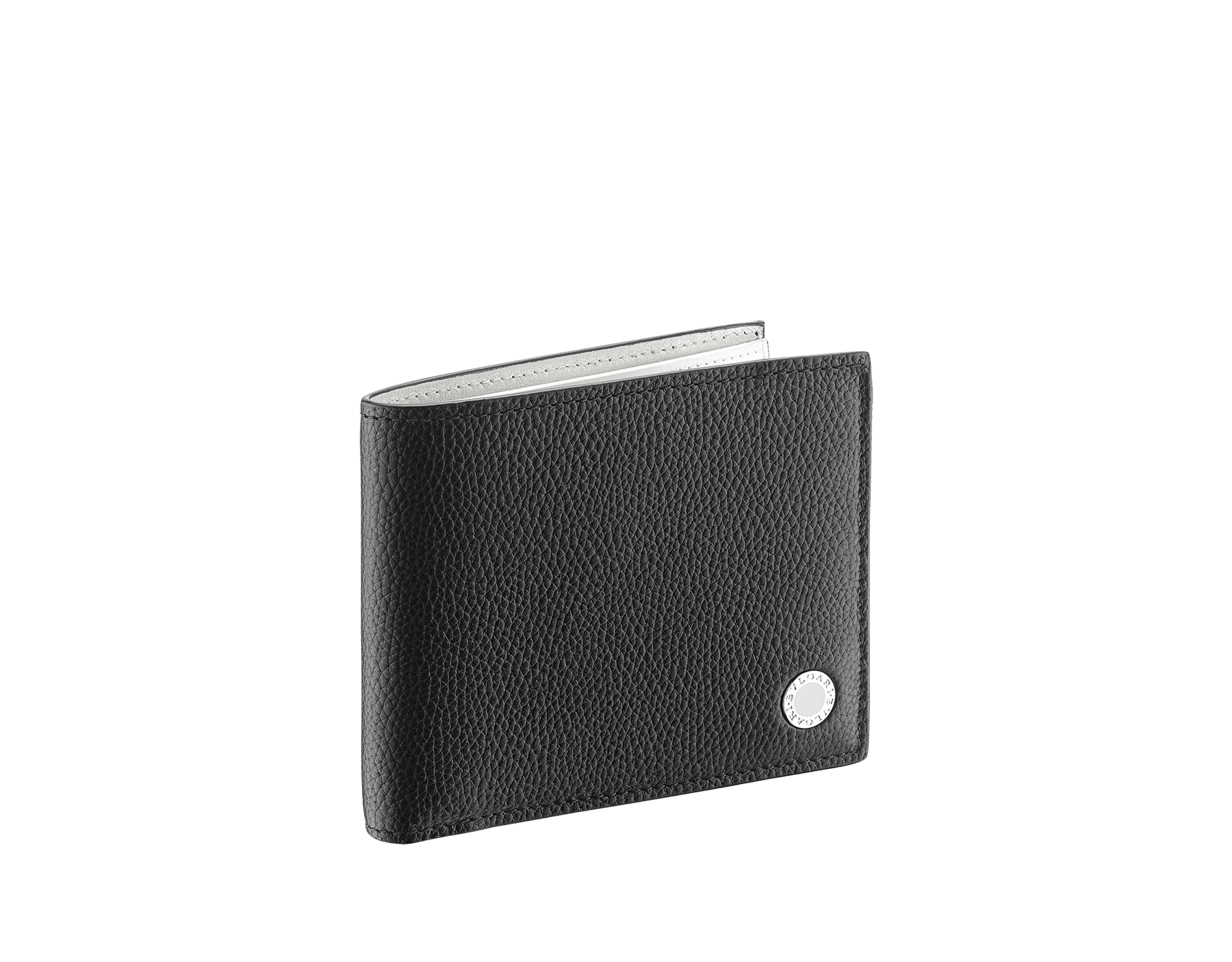 "BVLGARI BVLGARI" hipster compact wallet in black soft full grain calf leather and white agate calf leather. Iconic logo decoration in palladium plated brass colored in white agate enamel 290075 image 1