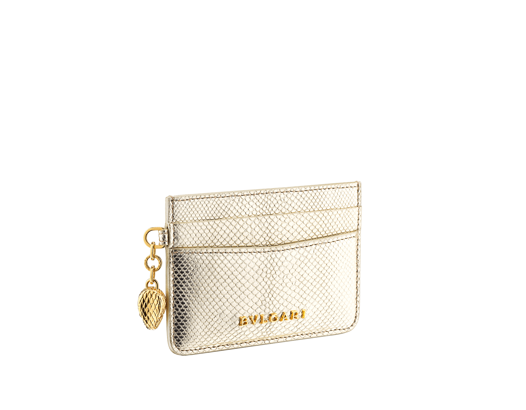 "Serpenti Forever" card holder in "Molten" gold karung skin, offering a touch of radiance for the Winter Holidays. New Serpenti head charm in gold-plated brass, complete with ruby-red enamel eyes. SEA-CC-HOLDER-MoltK image 1
