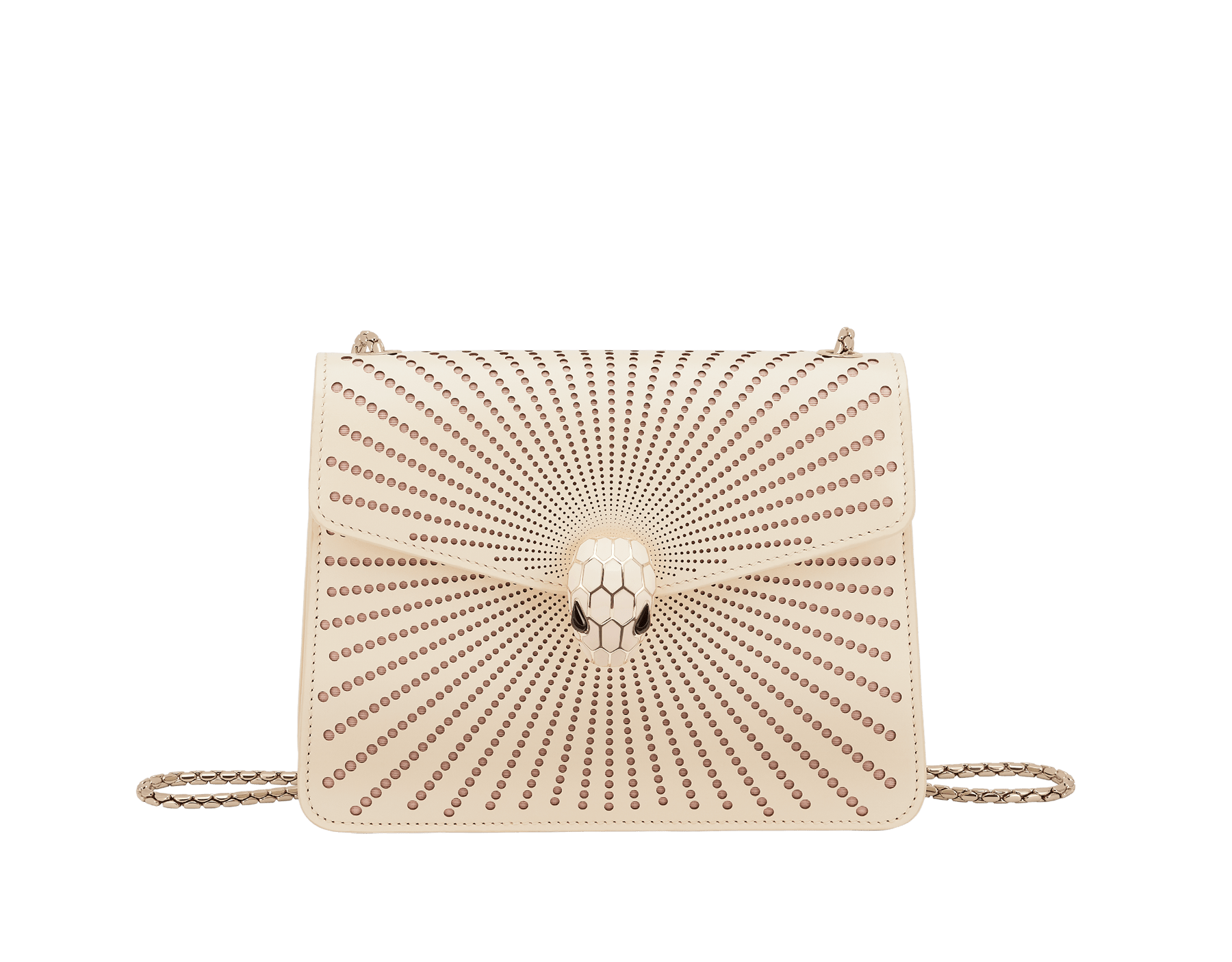Serpenti Forever crossbody bag in ivory opal laser-cut calf leather with caramel topaz beige nappa leather lining. Captivating snakehead closure in light gold-plated brass embellished with matt and shiny ivory opal enamel scales and black onyx eyes. 422-LCL image 1