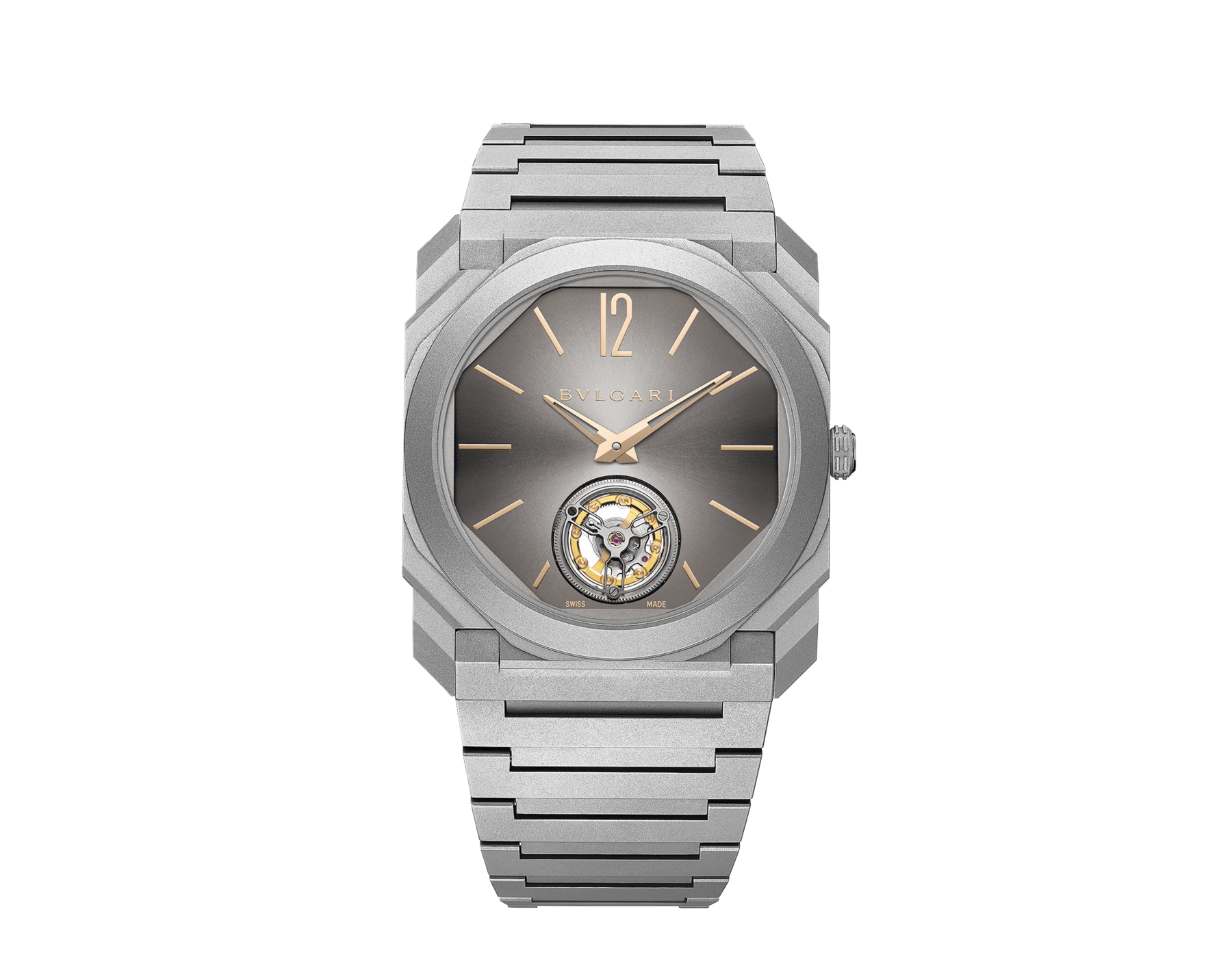 Octo Finissimo Titanium Tourbillon watch with mechanical manufacture ultra-thin movement (1.95 mm thin), manual winding, flying tourbillon, sandblasted titanium case and bracelet, grey sunburst dial, and rose gold-plated hands and indexes. Water-resistant up to 30 metres. 104248 image 1
