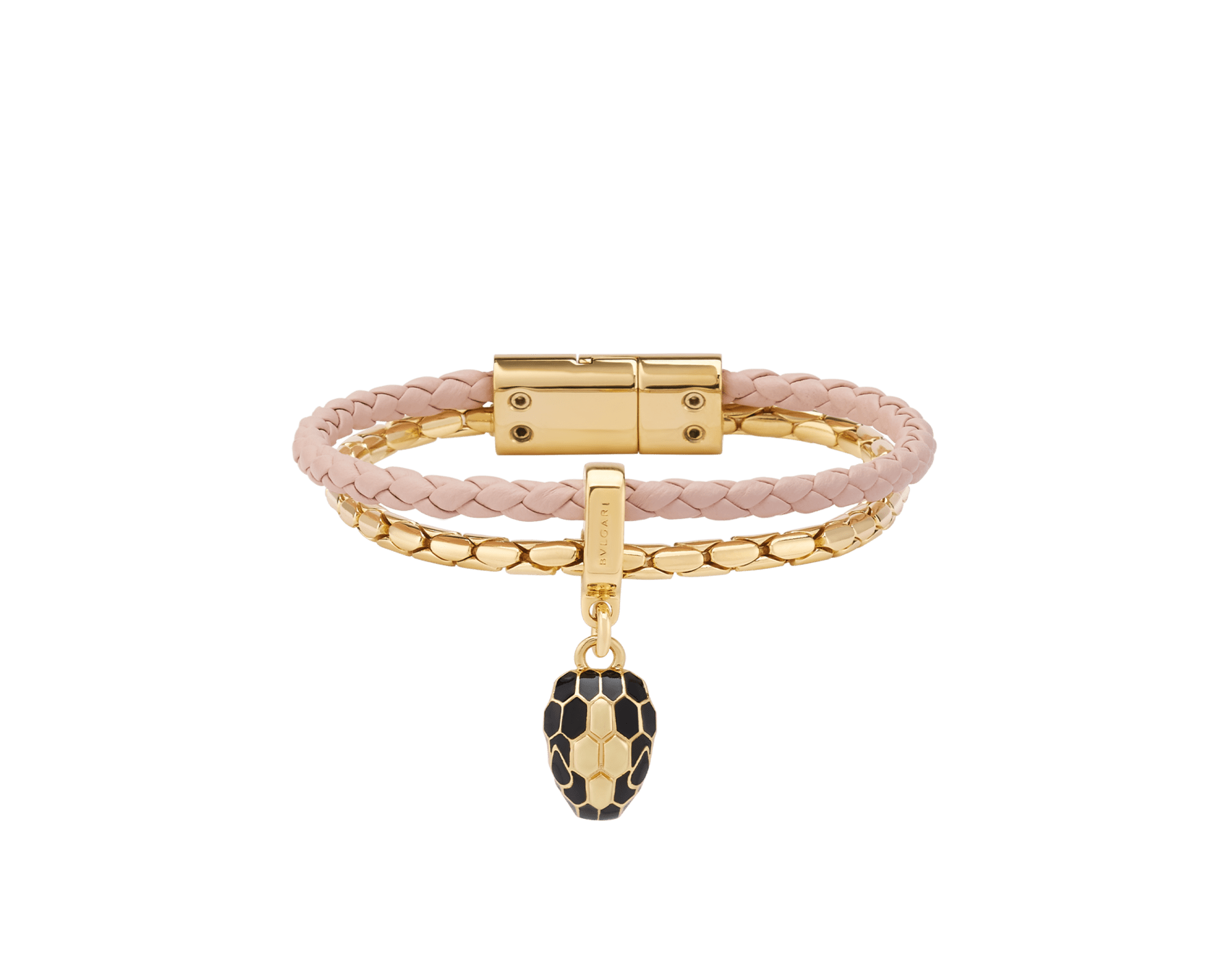 Serpenti Forever 手環，採用星光玫瑰粉紅色編穗小牛皮和金色黃銅鍊帶，磁扣開合。迷人的蛇頭吊墜飾以黑色和透明琺瑯蛇鱗，蛇眼飾以黑色琺瑯。 SERP-BRAIDCHAIN-D image 1