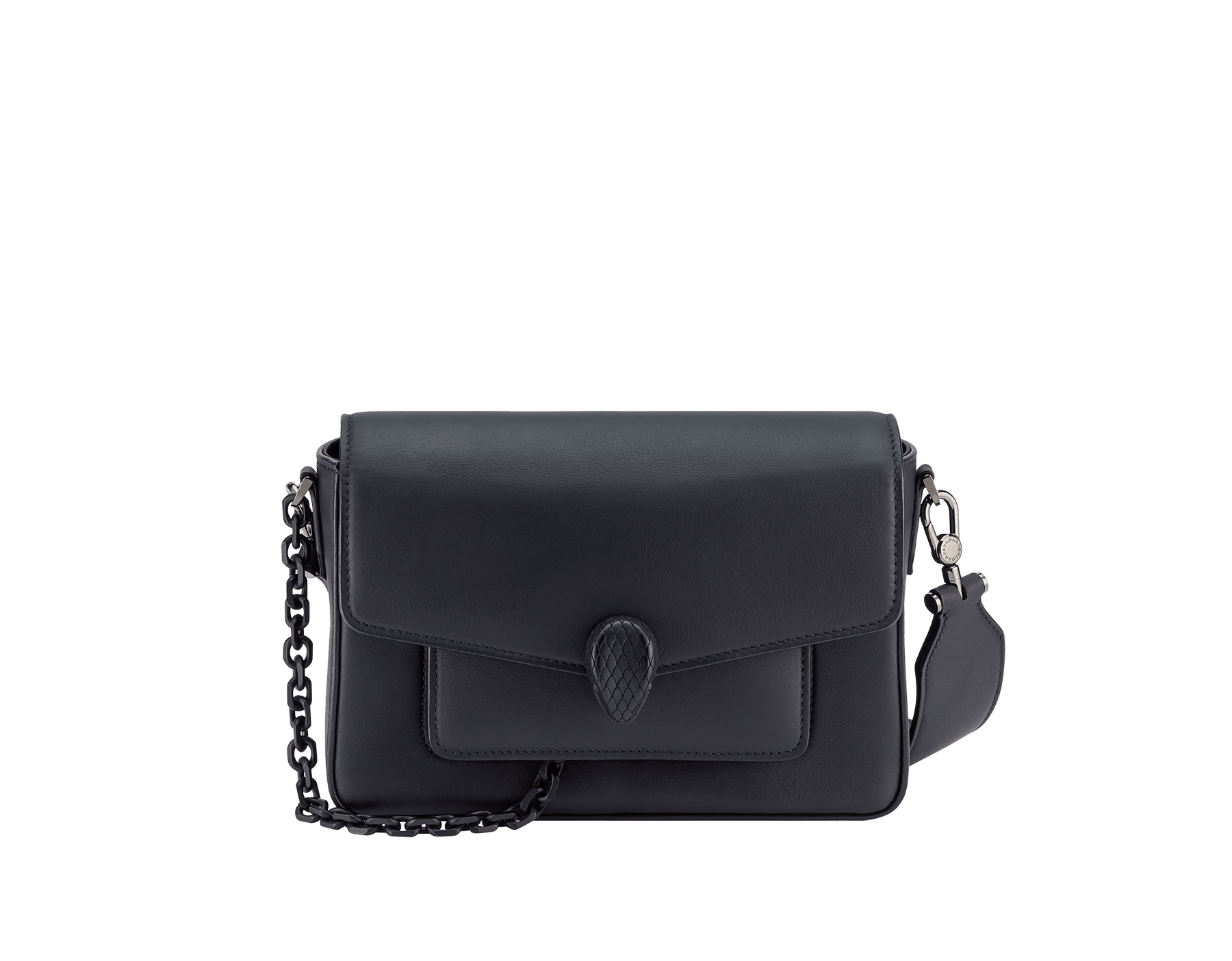 Serpenti Forever small unisex crossbody bag in matt black calf leather with black nappa leather lining and decorative chain enamelled in matt black. Captivating snakehead closure in dark ruthenium-plated brass enamelled in matt black and embellished with red enamel eyes. 291851 image 1
