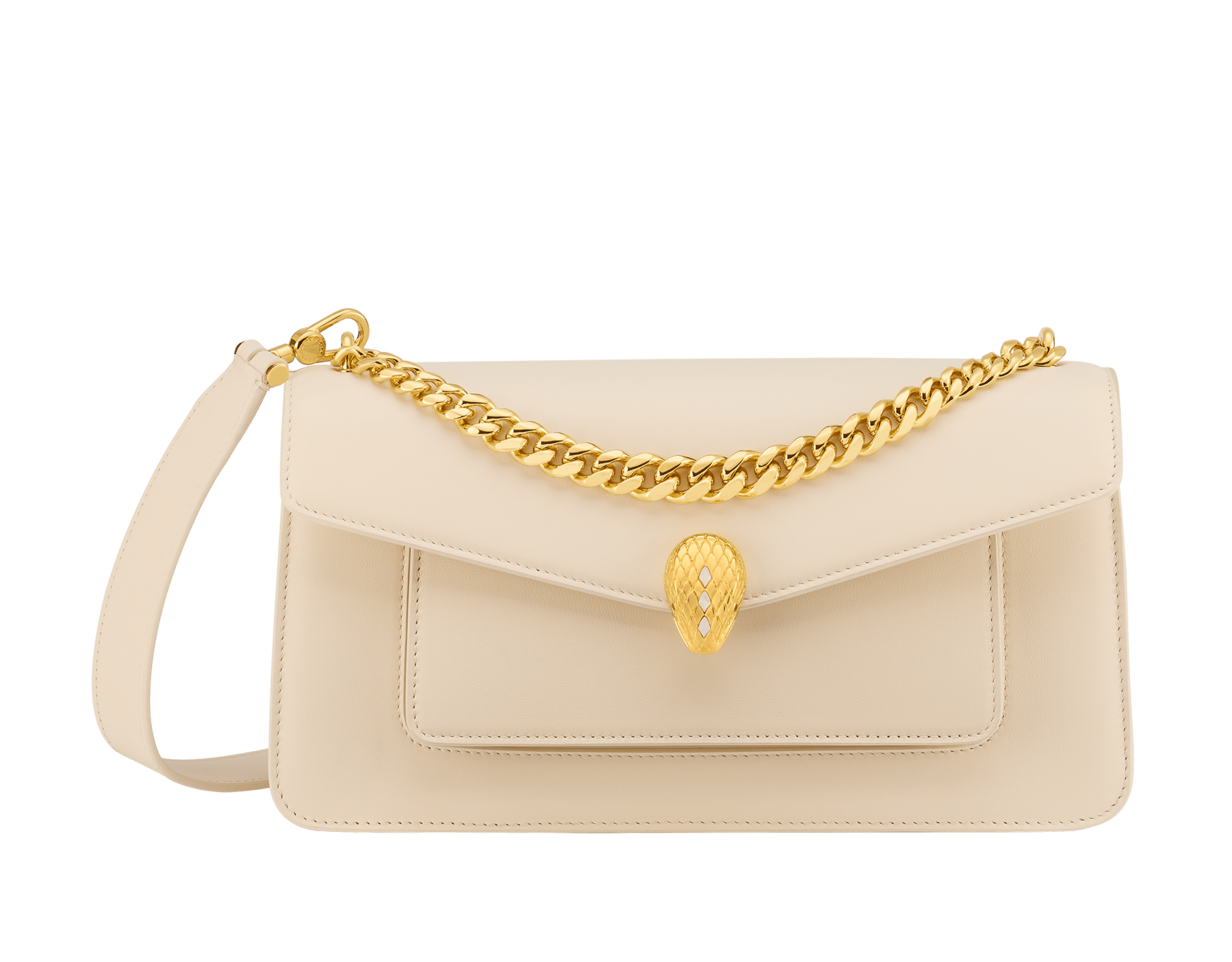 Serpenti East-West Maxi Chain medium shoulder bag in foggy opal grey Metropolitan calf leather with linen agate beige nappa leather lining. Captivating snakehead magnetic closure in gold-plated brass embellished with grey agate scales and red enamel eyes. SEA-1238-MCCL image 1
