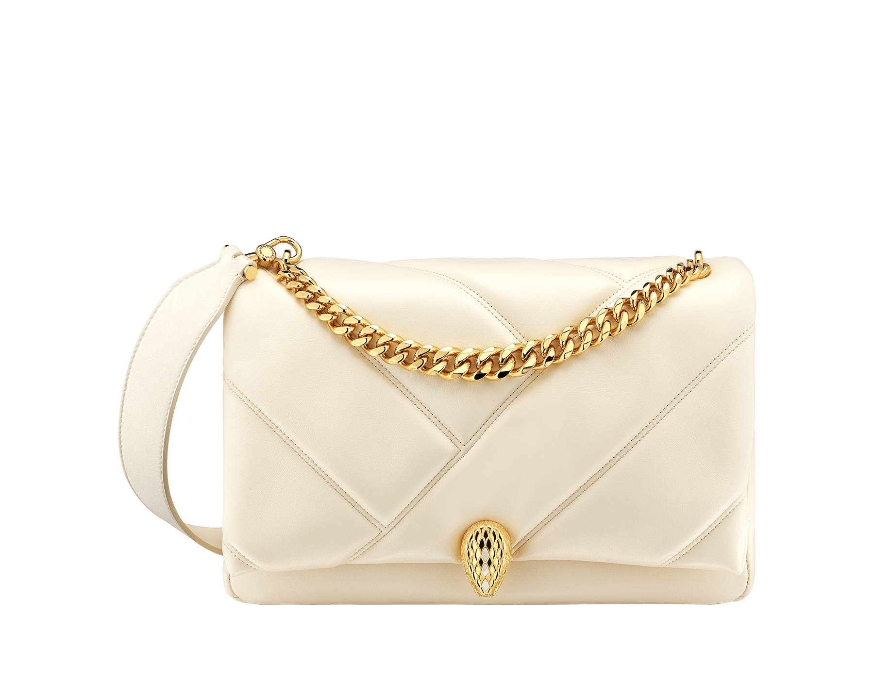 "Serpenti Cabochon" maxi chain crossbody bag in soft quilted Ivory Opal white calf leather, with a maxi graphic motif, and black nappa leather internal lining. New Serpenti head closure in gold plated brass, finished with small white mother-of pearl scales in the middle and red enamel eyes. 1166-NSM image 1