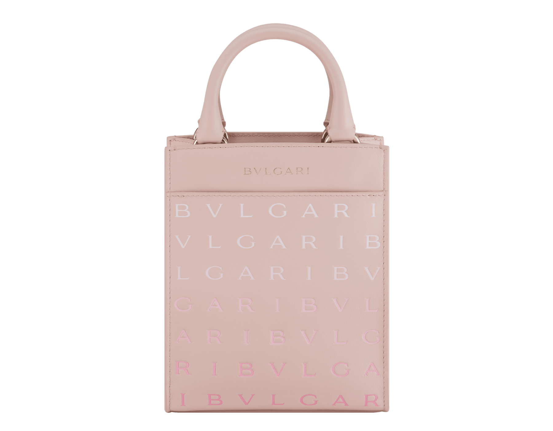 Bulgari Logo mini tote bag in ivory opal calf leather with hot-stamped Infinitum pattern on the front and black grosgrain lining. Light gold-plated brass hardware. BVL-1228S-ICLb image 1