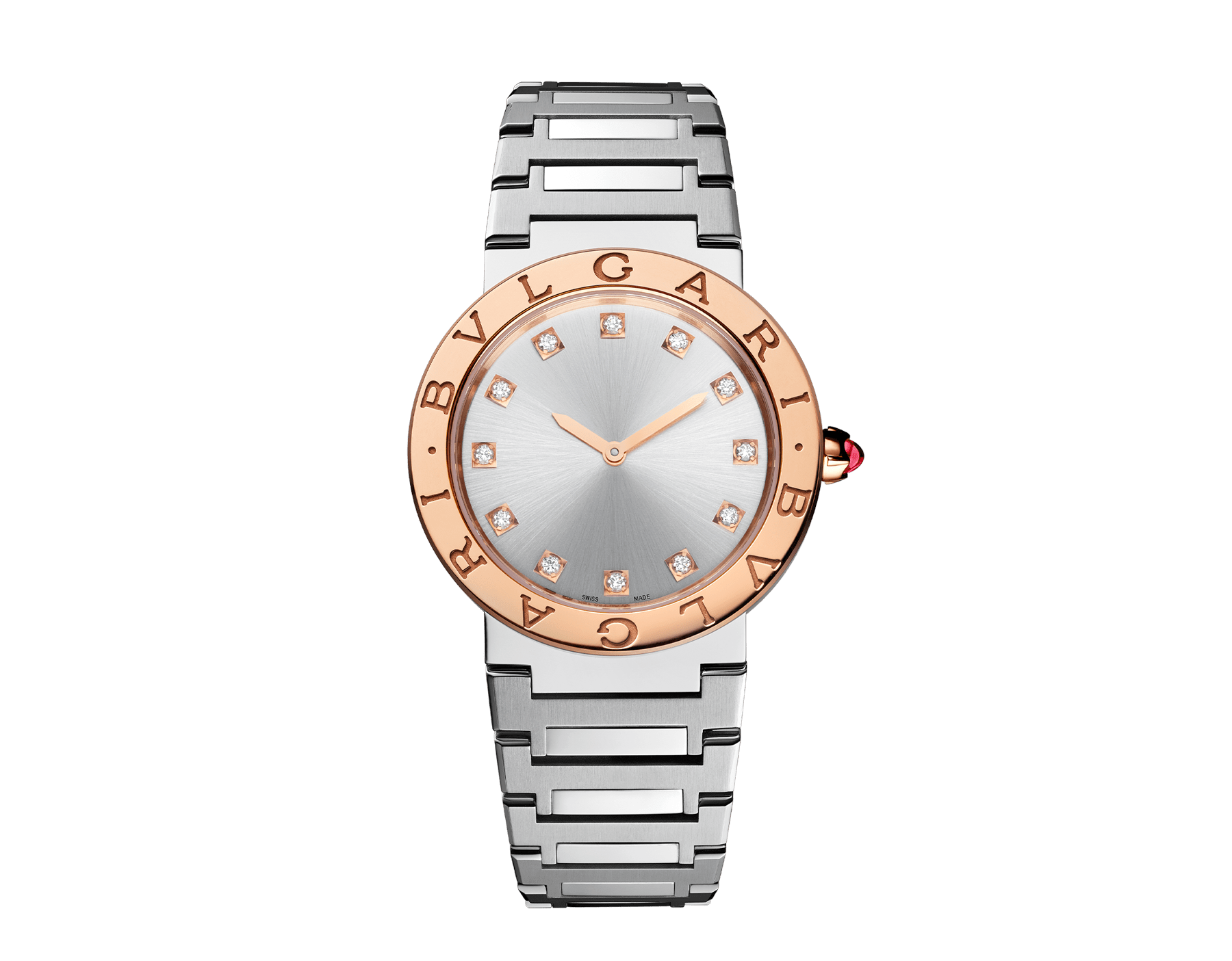BULGARI BULGARI LADY 腕錶，精鋼錶殼和錶帶，18K 玫瑰金錶圈鐫刻雙品牌標誌，銀色太陽紋錶盤，鑽石時標。防水深度 30 公尺。 103577 image 1