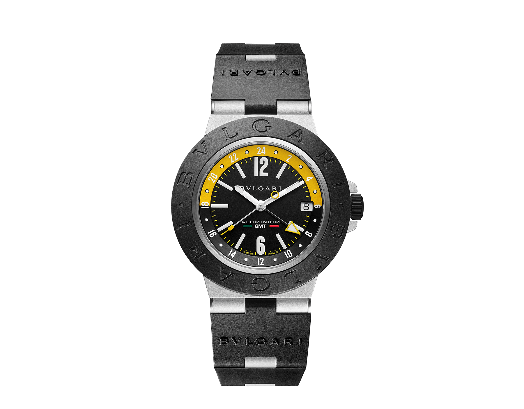 Bulgari Aluminium Amerigo Vespucci Special Edition watch with mechanical manufacture movement, automatic winding, HMSD and GMT, 40 mm aluminum case, black rubber bezel with BVLGARI BVLGARI engraving, yellow and black inner dial with GMT indications and black rubber bracelet. Water-resistant up to 100 meters. Special Edition of 1,000 pieces. 103702 image 1