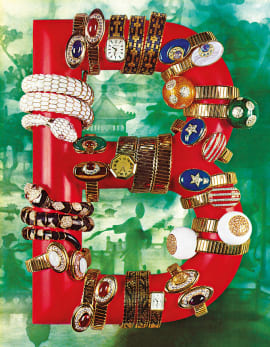 Serpenti Heritage watches and Tubogas jewellery enveloping a B in a Bulgari campaign from the 70s.