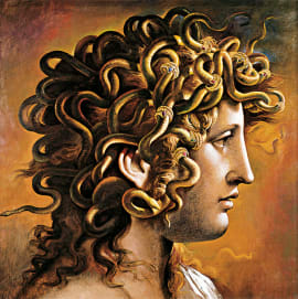 Painting named ‘Incantamento’ depicting a man with snakes in the hair wrapped by Serpenti rings.