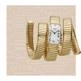 Bulgari Heritage Tubogas watch in yellow gold with case in the middle from 1965, Serpenti pattern.
