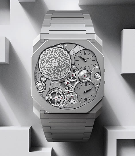 Bulgari Octo Finissimo Ultra extra-thin watch in titanium with skeletonised dial, creative shot.