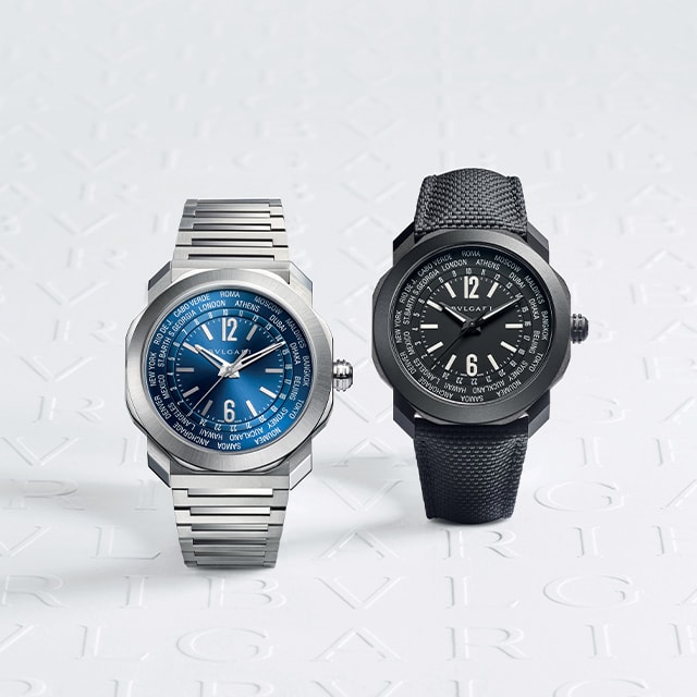 Octo Roma WorldTimer watch, one in DLC steel and one in steel, maxilogo backdrop.