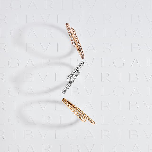 Serpenti Viper bracelets in rose, yellow and white gold.
