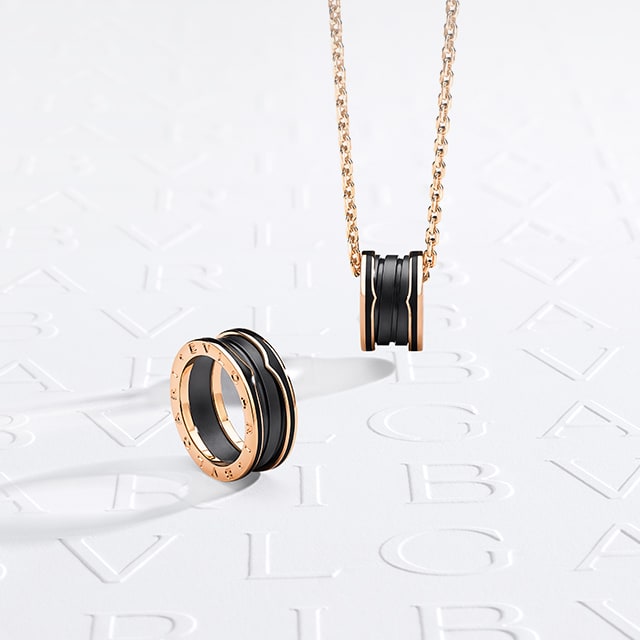 Bzero1 ring and necklace in rose gold with black ceramic.