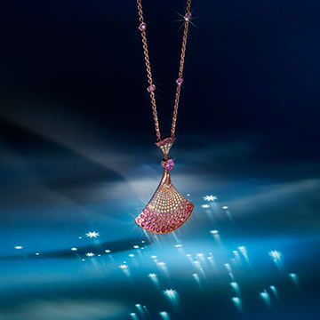 Divas' Dream rose gold pendant necklace with pink sapphires, rubies and diamonds, starry night sky.