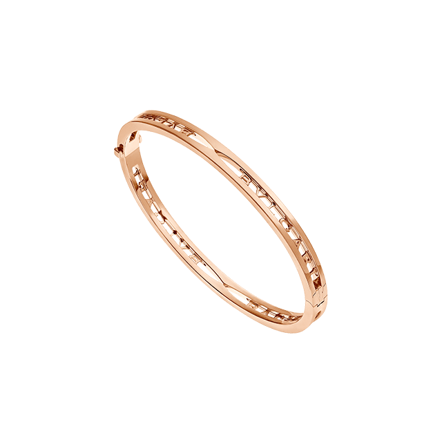 B.zero1 18 kt rose gold bangle bracelet with BVLGARI logo on the spiral.