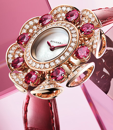 Divas' Dream watch with rose gold case set with diamonds, mother-of-pearl dial and red alligator bracelet.