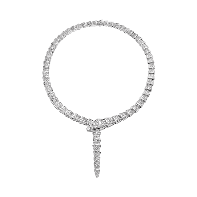 Serpenti necklace in 18 kt white gold, set with full pavé diamonds.