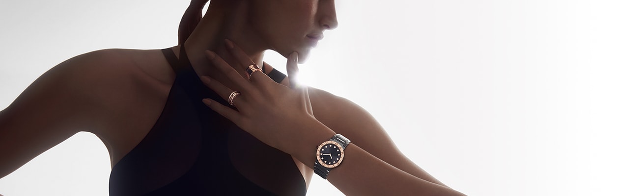 Model wearing Bzero1 rings and Bulgari Bulgari watch.