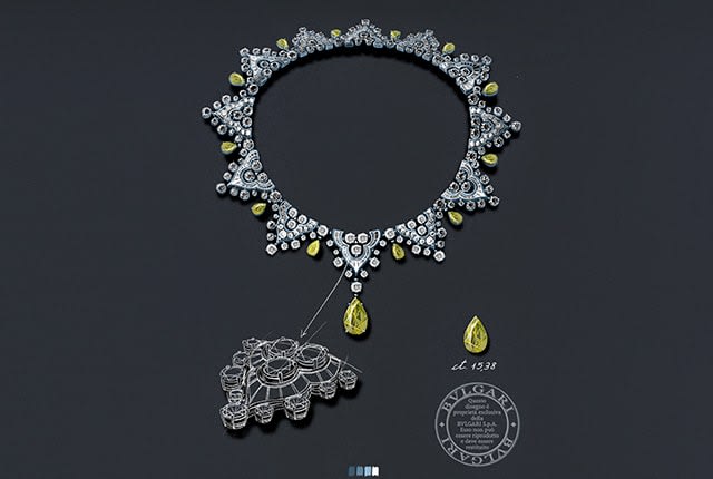 Model wearing Tribute to Venice Mediterranea High Jewelry necklace with white and yellow diamonds, close-up.