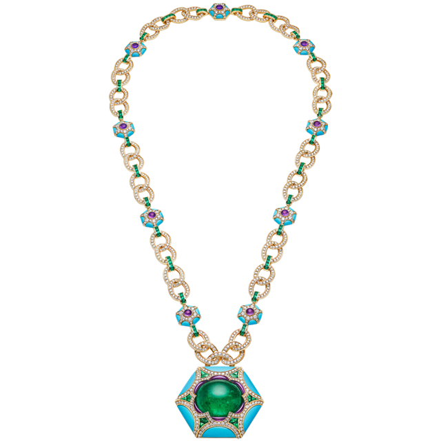 Exedra Mediterranea High Jewelry yellow gold necklace with turquoise, amethysts and diamonds, full view.