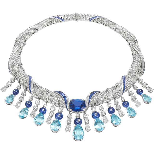 Mediterranean Muse Mediterranea High Jewelry platinum necklace with sapphires, aquamarines and diamonds, full view.
