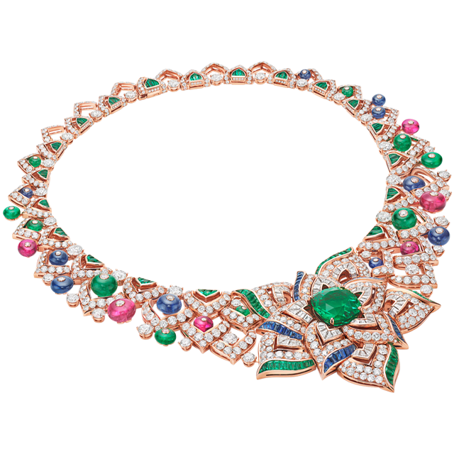 Oriental Buds Mediterranea High Jewelry rose gold necklace with emeralds, sapphires, pink tourmalines and diamonds, full view.