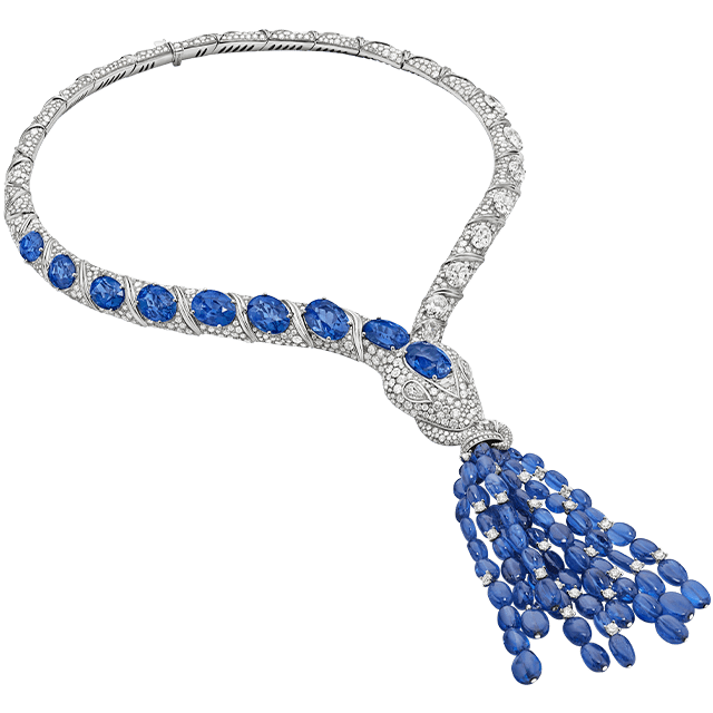 Mediterranean Sapphire Mediterranea High Jewelry white gold necklace with sapphires and diamonds, full view.
