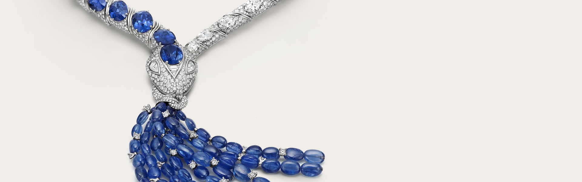 Mediterranean Sapphire Mediterranea High Jewelry white gold necklace with sapphires and diamonds, close-up.
