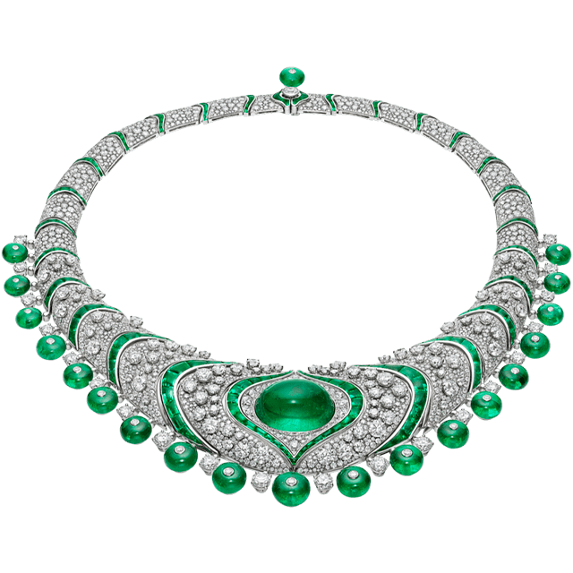 Emerald Lotus High Jewelry platinum necklace with emeralds and diamonds, full view.