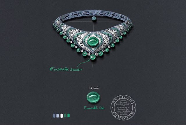 Making of wearing Emerald Lotus High Jewelry platinum necklace with emeralds and diamonds, close-up.