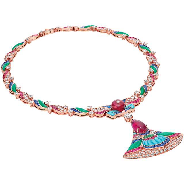 Oriental Mosaic High Jewellery rose gold necklace with pink rubellite, sapphire, diamonds, chrysoprase and turquoise full view.