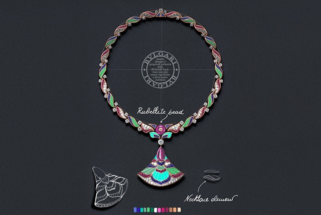 Model wearing Oriental Mosaic High Jewellery rose gold necklace with pink rubellite, sapphire, diamonds, chrysoprase and turquoise full view.