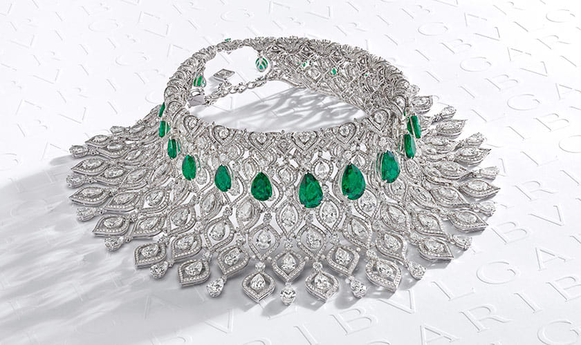 Emerald Glory Bulgari Eden, The Garden of Wonders High Jewelry platinum necklace with emeralds and diamonds.