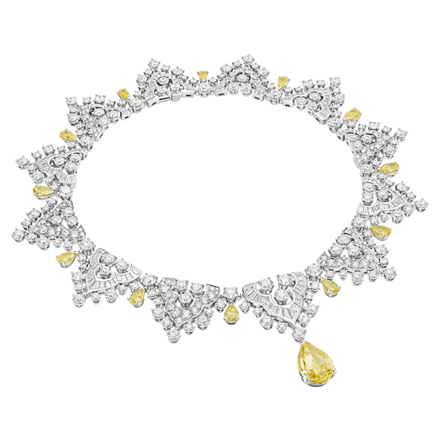 Tribute to Venice Mediterranea High Jewelry necklace with white and yellow diamonds, full view.
